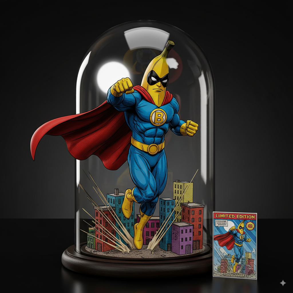comic book-style nano-banana, 1:6 scale hero figure, dynamic flight pose, cape with motion blur effect, emblem detail, cityscape backdrop base, limited edition comic includedSuperhero Costume Variant nano banana figure